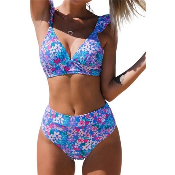 Women Floral Bikini Set 2 Piece High Waisted Ruffle V Neck Swimsuit